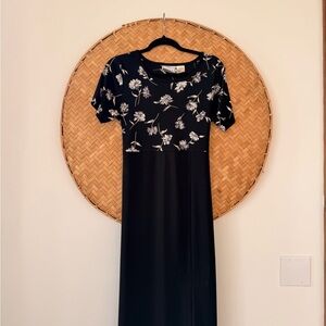 VINTAGE ERIKA STUDIO 90’S GRUNGE WHIMSIGOTH MAXI BLACK FLORAL DRESS W/ TIE WAIST